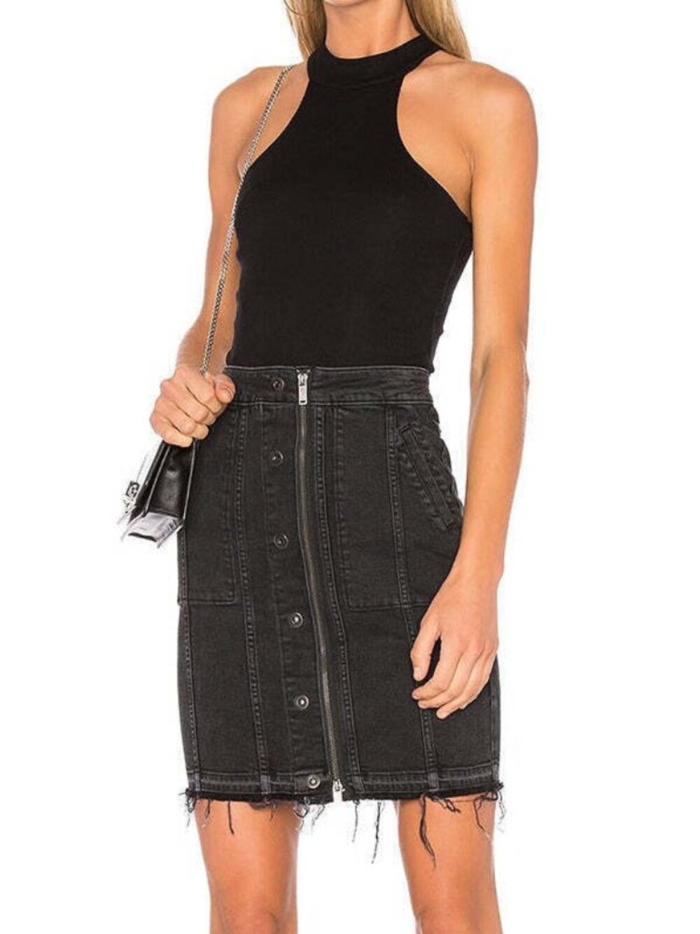 DL1961 Poppy Mini Denim Skirt Black Stretch High Rise Raw Hem Large